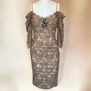 Mandalay Y2K Brown Bodycon Floral Lace Embellished Sequins Off Shoulder Dress